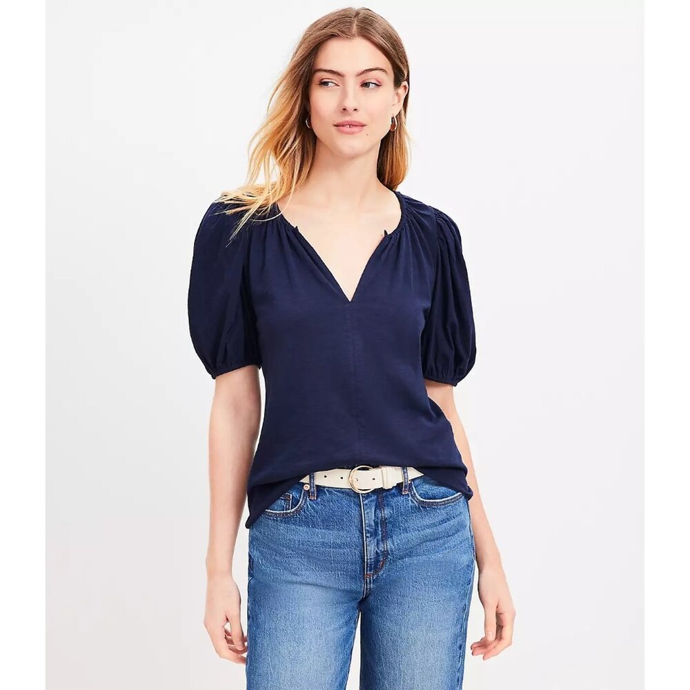 Ann Taylor LOFT Puff Sleeve Split Neck Top S